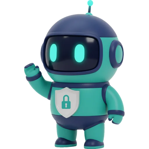 Medi, the Med IT Miami assistant: a friendly teal robot with a shield and padlock